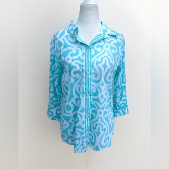 Gretchen Scott Designs Tops - Gretchen Scott Top Women S Blue Button Up Everywhere Arabesque 100% Cotton Shirt